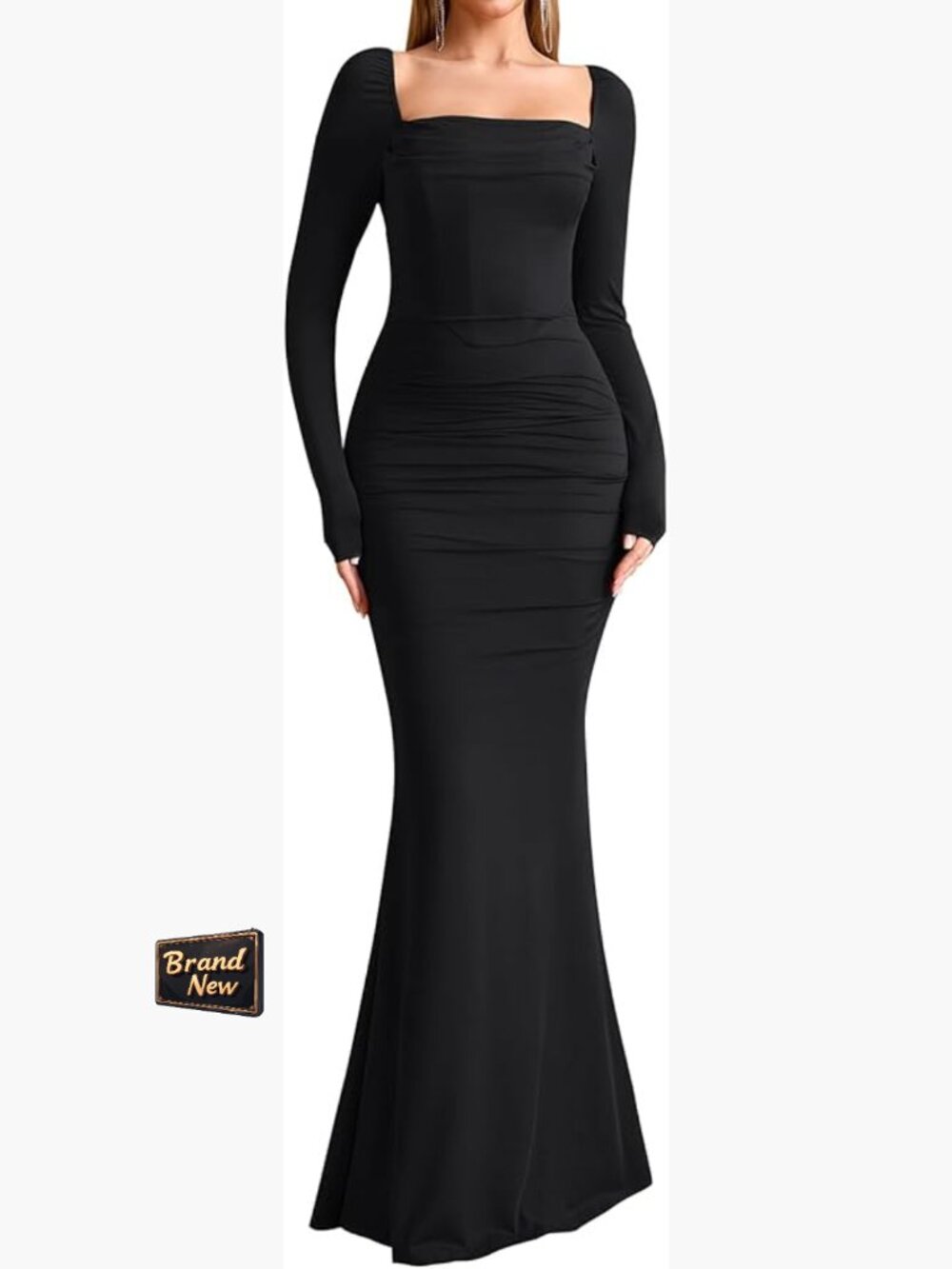 Long Sleeve Corset Maxi Dress Square Neck Ruched Bodycon Formal Wedding Guest